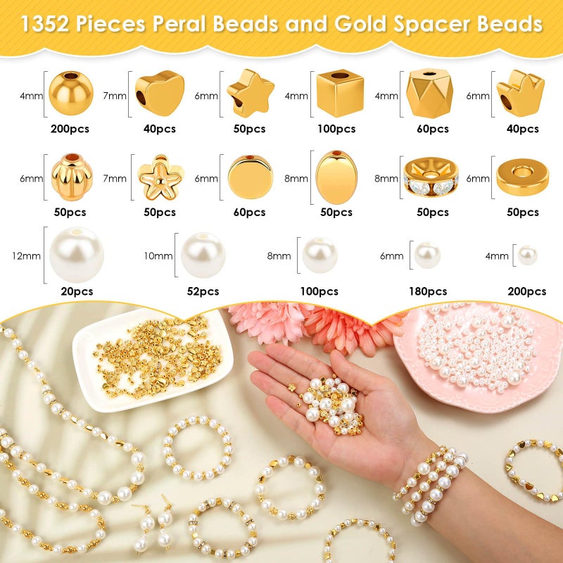 shynek 1352 Pieces Gold Spacer Beads and Pearl Beads for Bracelets  Assorted Gold Beads  Pearls for Bracelet Jewelry Making - Image 3